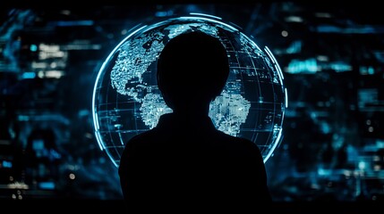 Global network digital world technology data person silhouette blue web map code dark cyber light
