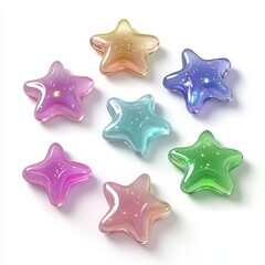 Colorful, glossy star-shaped objects arranged on a white background, each with a translucent, jelly-like appearance in various pastel hues.