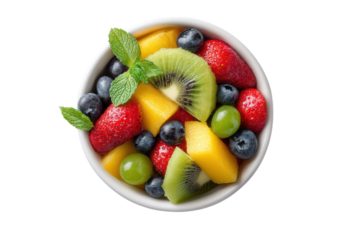 PNG Refreshing fruit salad with kiwi, strawberries, and blueberries in white bowl