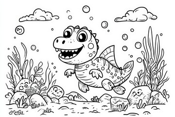 Black and white line art of a smiling baby sea dinosaur swimming underwater surrounded by seaweed, coral, bubbles, and rocks. Fun and educational coloring page for kids.