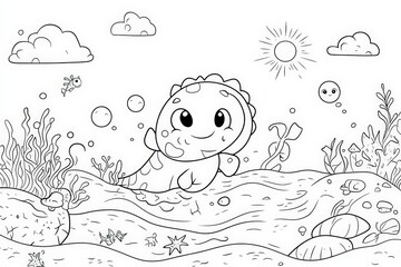 Fototapeta premium Black and white line art of a smiling baby sea dinosaur swimming underwater surrounded by seaweed, coral, bubbles, and rocks. Fun and educational coloring page for kids.