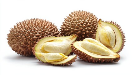 Obraz premium Durian fruit cut open with soft rich yellow pulp inside isolated on white background macro detail tropical food stock