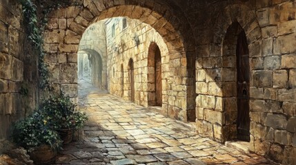 Fototapeta premium Ancient Jerusalem: Alleyway of the Old City with Hand-Carved Stone Streets and Arches in Israel