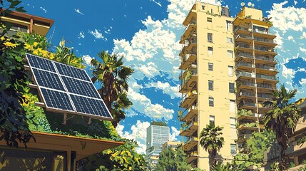 Detailed illustration of sustainable urban development project showcasing green roof solar panel eco friendly transportation artwork us vibrant color palette of lush green sunny yellow sky blue
