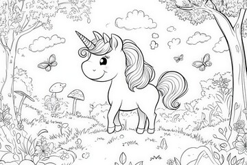 Black and white line art of a happy unicorn standing in a meadow surrounded by flowers, butterflies, mushrooms, and trees. Perfect for kids’ coloring books or magical-themed activities.