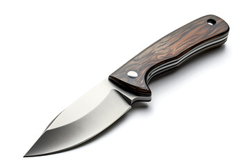 Fototapeta premium Close up shot of a shiny silver blade knife with a brown wooden handle on a white background surface