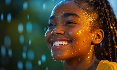 Joyful woman enjoying the rain showing teeth and smiling widely, portrait shot