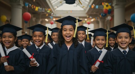 Obraz premium Children celebrate graduation. Dressed in caps and gowns, they proudly display their diplomas, symbolizing achievement and a bright future.