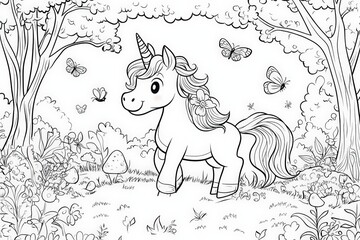 Black and white line art of a happy unicorn standing in a meadow surrounded by flowers, butterflies, mushrooms, and trees. Perfect for kids&rsquo; coloring books or magical-themed activities.