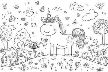 Black and white line art of a happy unicorn standing in a meadow surrounded by flowers, butterflies, mushrooms, and trees. Perfect for kids’ coloring books or magical-themed activities.
