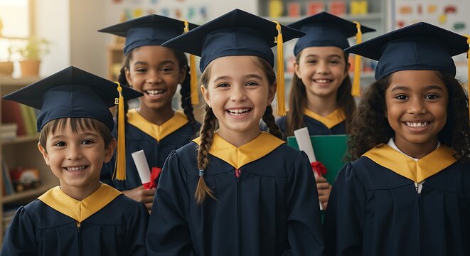 Diverse group of smiling children in graduation gowns and caps, beaming with pride and holding their diplomas, ready for their future. - Powered by Adobe