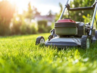 Fototapeta premium Bright Spring Morning on a Lush Green Lawn with Garden Glow and Soft Light for a Serene Background