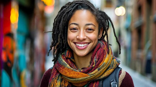 cheerful happy young Asian woman with dreadlock hairstyle in leisure clothes at city street, people optimistic unique and self-assure concept