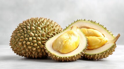 Obraz premium Durian fruit cut open with soft rich yellow pulp inside isolated on white background macro detail tropical food stock