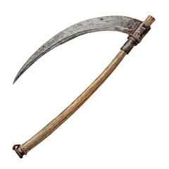 Antique Scythe with Wooden Handle and Metal Blade for Farming Use Isolated on a Transparent Background