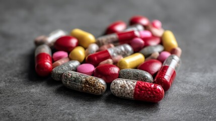 Heart and pills. Pharmaceutical background