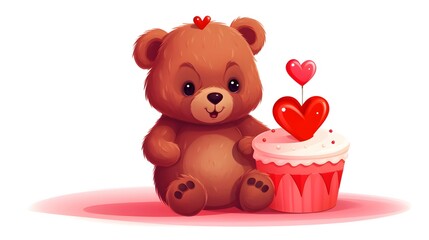 Valentine's Day Cute Bear Holding Sweet Cupcake - Adorable Romantic Illustration