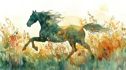   Watercolor horse painting in tall grass and flowery foreground with blue sky backdrop