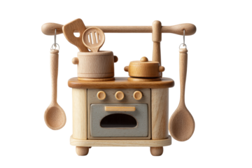 PNG Wooden toy kitchen set with miniature utensils and stove for kids’ creative play