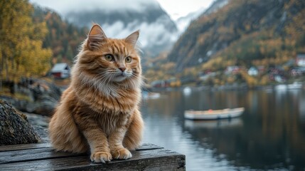 Obraz premium Red cat perches, serene lake, mountain background