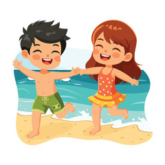Happy children of different nationalities running holding hands on the beach in bathing suits on white background. Poster, Banner, Flyer, Summer time. Vector illustration in flat cartoon style