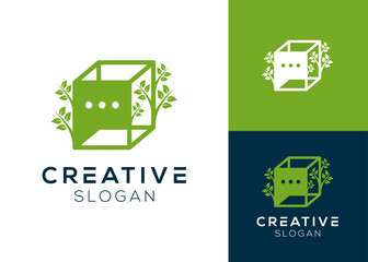 Obraz premium Natural box chat logo. Box with speech bubble and plant logo design