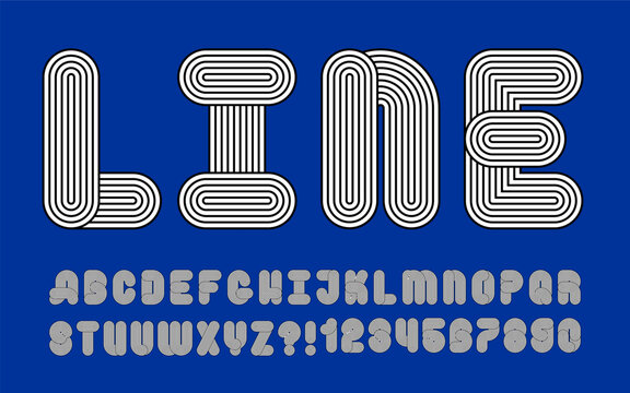 Parallel line alphabet, bold typography and geometric shapes. Curved modern vector elements. Minimalist style abstract forms. Outlined pattern numbers, circled stroke font. Sport round brand identity