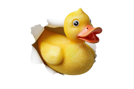 PNG Cheerful rubber duck breaking through paper with excitement