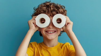 Fototapeta premium Boy Playfully Holding Toilet Paper Rolls During Pandemic Hype
