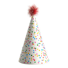 Colorful polka dot party hat with a red pom-pom on top.
