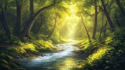 Fototapeta premium Sun-Kissed Stream Through Lush Deciduous Forest, Serene Natural Scene