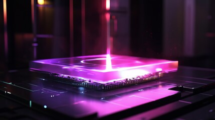 Abstract futuristic technology background with purple neon lights glowing square chip data dark beam