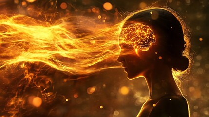 Fiery abstract portrait of a woman with illuminated brain and flowing golden hair art fire mind head