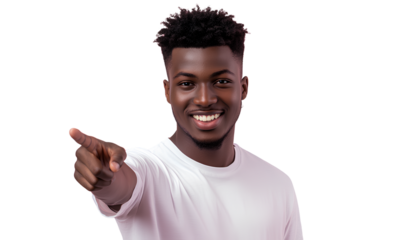  A young, happy man smiling and pointing his finger at the viewer, isolated on a transparent PNG background.