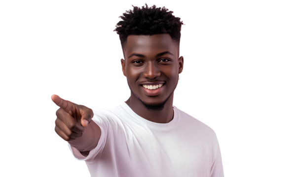  A young, happy man smiling and pointing his finger at the viewer, isolated on a transparent PNG background.
