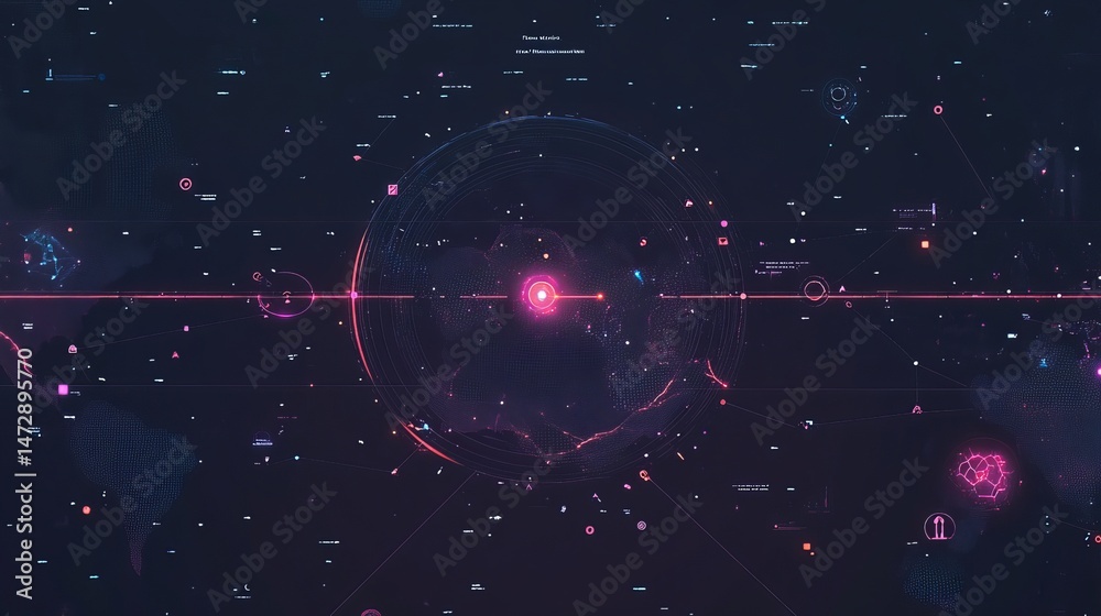 Wall mural abstract futuristic digital world map network technology background ui hud web data grid pink blue