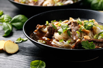 Thai Boat Noodle Soup with beef and vegetables. Kuai Tiao Ruea