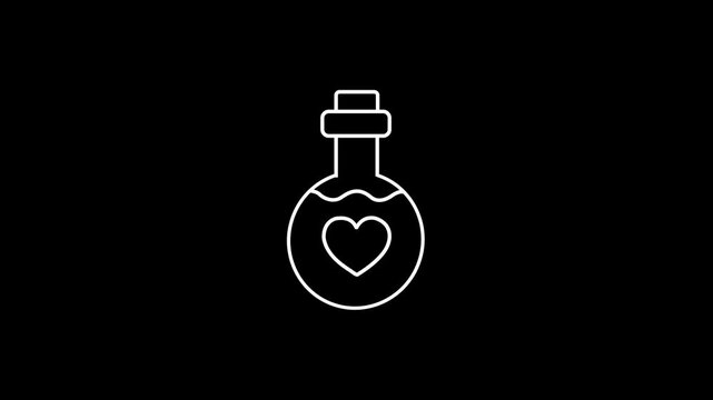 Glowing neon line Bottle with love potion icon isolated on black background. Valentines day symbol. 4K Video motion graphic animation
