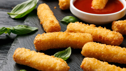 Crispy Halloumi cheese sticks with tomato sauce.