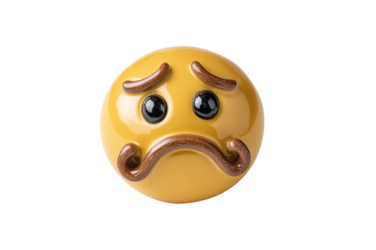 PNG Sad face emoji with brown frown and worried eyebrows on yellow background