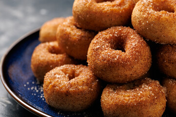 Mini cinnamon sugar donuts on blue plate