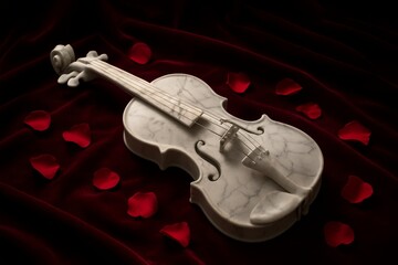 Obraz premium A marble violin sculpture with red rose petals on dark velvet fabric, evoking elegance and romantic symbolism.