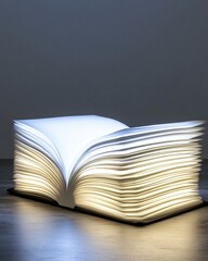 Naklejka premium Ai tutor shaped like glowing book teaching kids of various cultures futuristic minimal classroom inclusive learning vision