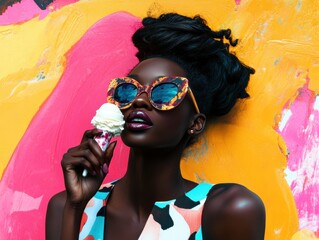 Black Woman Posing with Ice Cream Cone Against a Colorful Painted Wall