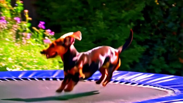 Greetings from the 90s: Video taken with an old camcorder of a dachshund jumping on a trampoline, which tore the trampoline and ended up on the ground after a powerful jump