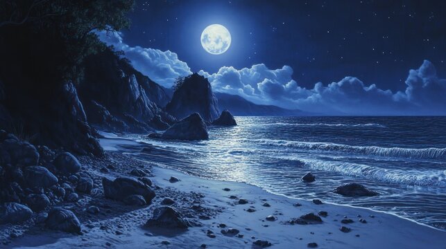 Serene coastal night, Tranquil moonlit seascape with rocky shore and gentle waves