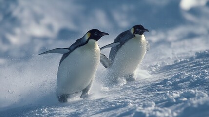 Fototapeta premium Two penguins run through snow; one in the foreground, other in the distance against blue sky with white clouds