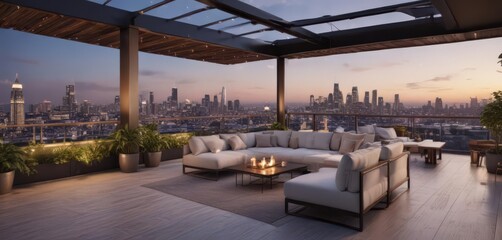 Fototapeta premium Luxurious rooftop terrace with stunning city vista, modern apartment interior, penthouse, skyscraper, property