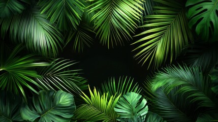 The watercolor illustration features tropical palm fronds and monstera leaves