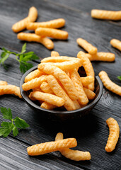 Prawn cracker sticks, fingers. Shrimp crispy snack in a bowl